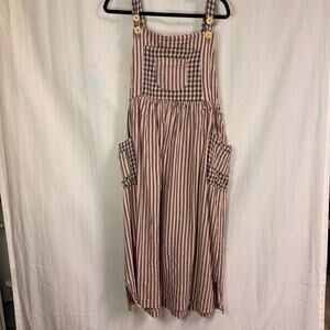 Winter Sun Striped Gingham Patchwork Overall Gardening Beach Dress Pink Gray ML